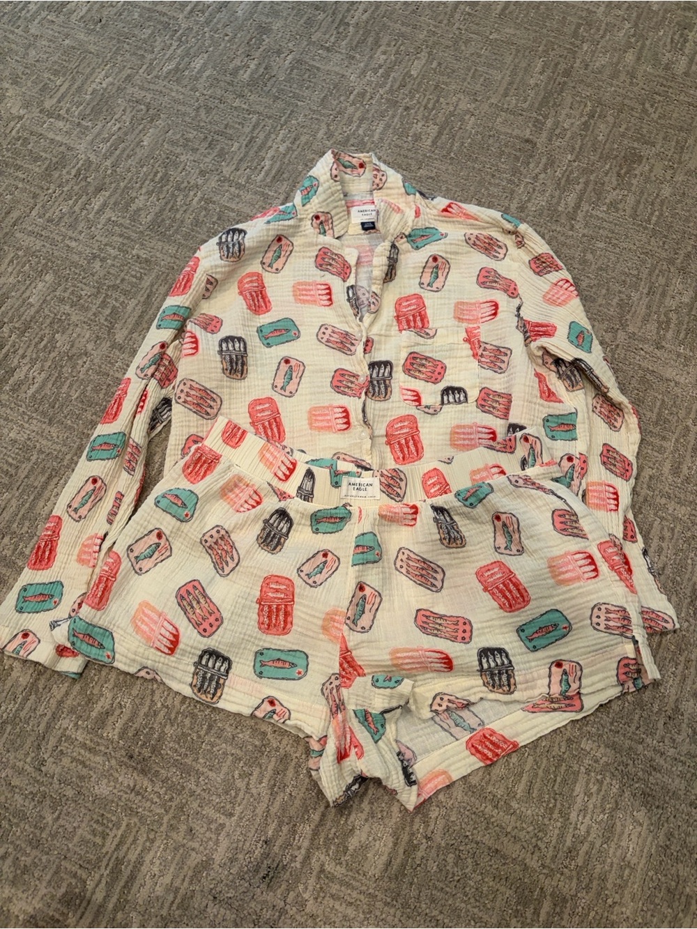 aerie Cream Pajama Set with Coral, Teal and Gray Pops